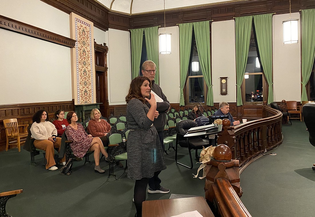 Kosciusko County Community Coordinator Amy Roe (L) and Kosciusko Community YMCA CEO Jim Swanson speak at the Health First Kosciusko Advisory Committee meeting on Wednesday. Photo by Leah Sander, InkFreeNews