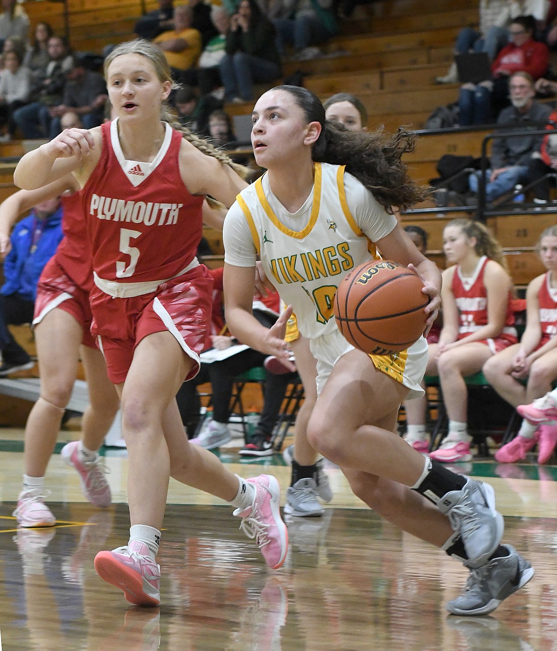 Senior Gabbty Gonzales has her eyes on the basket during Thursday night's home game against Plymouth...Nieter