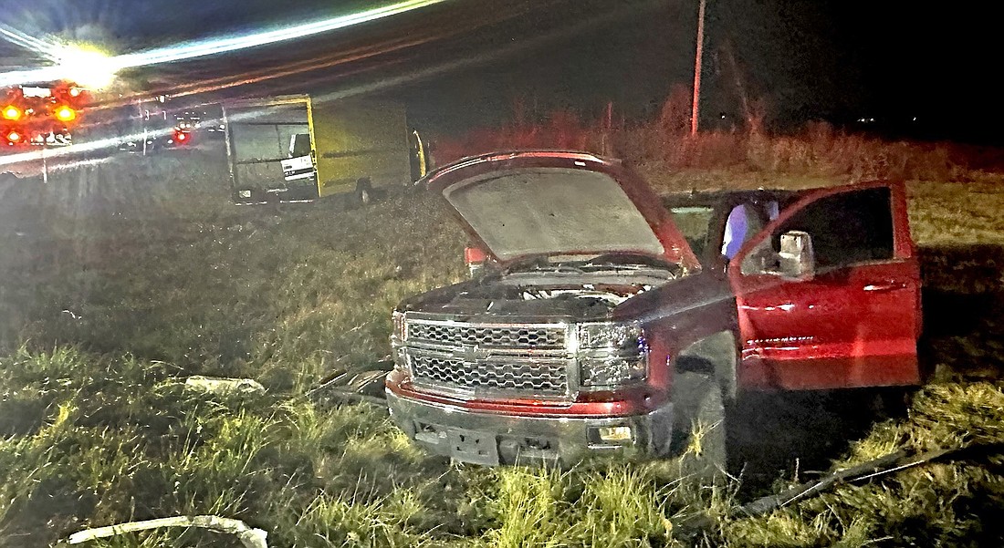 Seven people were in this truck when the driver allegedly failed to yield at the intersection of CR 350W and U.S. 30 and the truck was hit by a moving truck on the passenger side. Photo by David Slone, Times-Union.