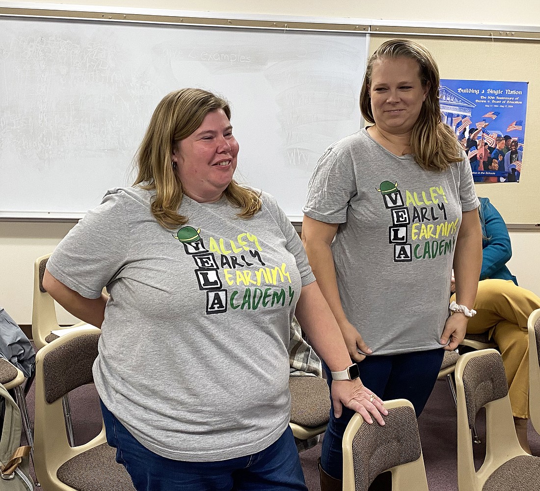 At the Tippecanoe Valley School Board meeting on Monday are Valley Early Learning Academy Director Meagan Wilks (L) and Coordinator Courtney Kindig. Photo by Leah Sander, InkFreeNews