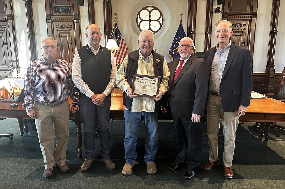 Edward Leamon is the Kosciusko County Veteran of the Month for December 2024. Pictured (L to R) are Darryl McDowell, county veteran service officer; Cary Groninger, county commissioner; Leamon; Bob Conley and Brad Jackson, county commissioners. Photo by David Slone, Times-Union