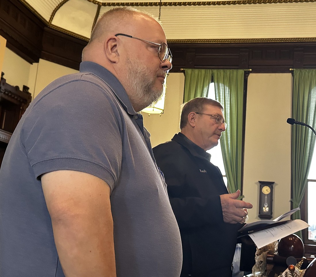 Fair Board President Randy Shepherd (R) and Treasurer Sheal Dirck (L) ask Kosciusko County’s American Rescue Plan Act Committee to reassign approximately $17,000 in ARPA grant dollars Wednesday from roof repairs to electrical work. Photo by David Slone, Times-Union