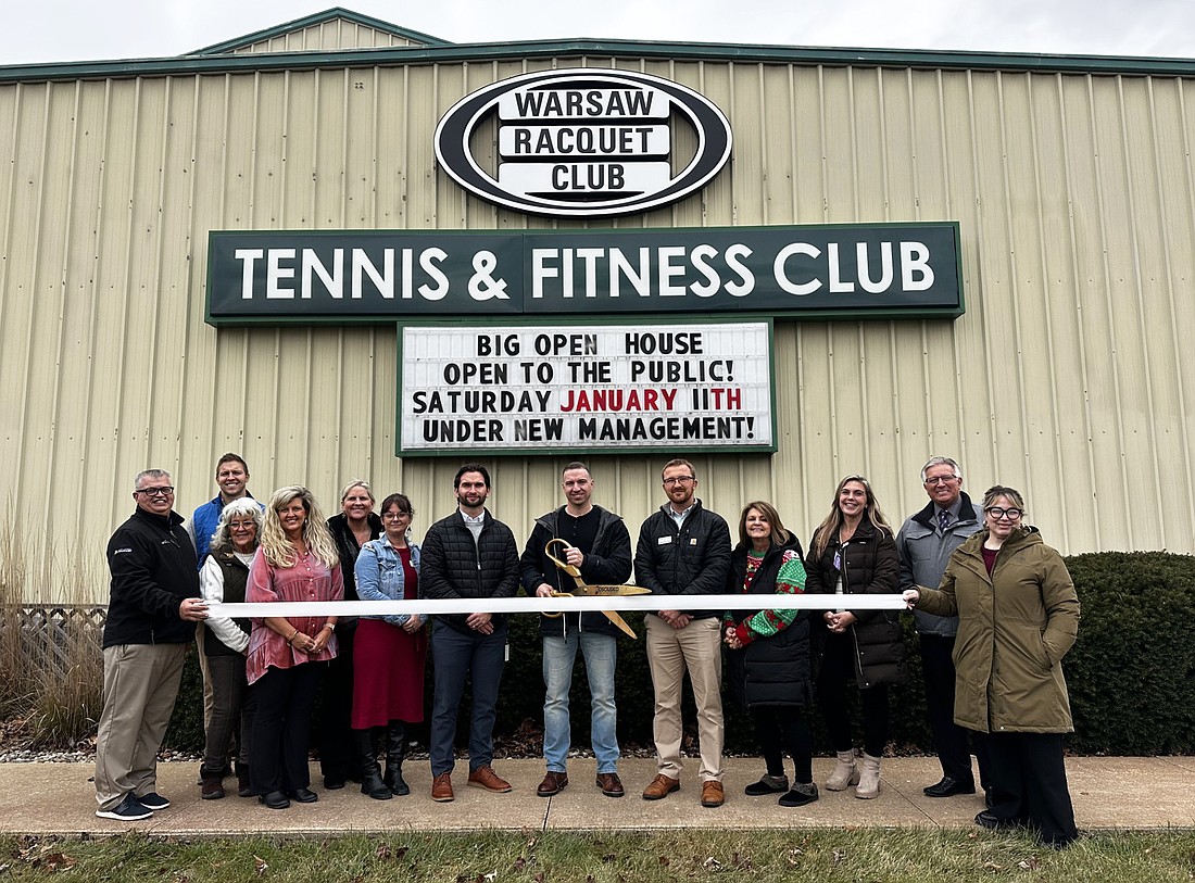 The Kosciusko Chamber of Commerce held a ribbon-cutting ceremony Thursday with the Warsaw Racquet Club, 3919 Ind. 15, Warsaw. Pictured (L to R) are Rob Parker, Chamber president and CEO; Tanner White; Connie Swick; Tonya White; Wende Roberts, Morning Star/Cherish Hospice, Chamber ambassador; Melissa Paxton, The Waters of Syracuse, Chamber ambassador; Andrew Wade, 1st Source Bank, Chamber ambassador; Thayne White, Warsaw Racquet Club club manager; Corbin Holtsberry, Lake City Bank, Chamber ambassador; Dawn Jaggers, Beth Harrison State Farm, Chamber ambassador; Bryttenny Sands, Morning Star/Cherish Hospice, Chamber ambassador; Glenn Hall, Harvest Community Church, Chamber ambassador; and Nora Christiansen, Chamber events coordinator. Photo by David Slone, Times-Union