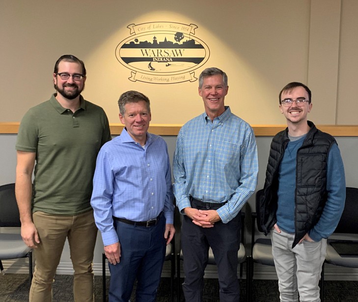 Learning about the orthopedic industry in Kosciusko County are (L to R) Kosciusko Leadership Academy cadet Austin Beer; Bob Vitoux, OrthoWorx CEO; Bob Hastings, director at Hastings & Associates LLC; and KLA cadet Ben Logan. Photo Provided