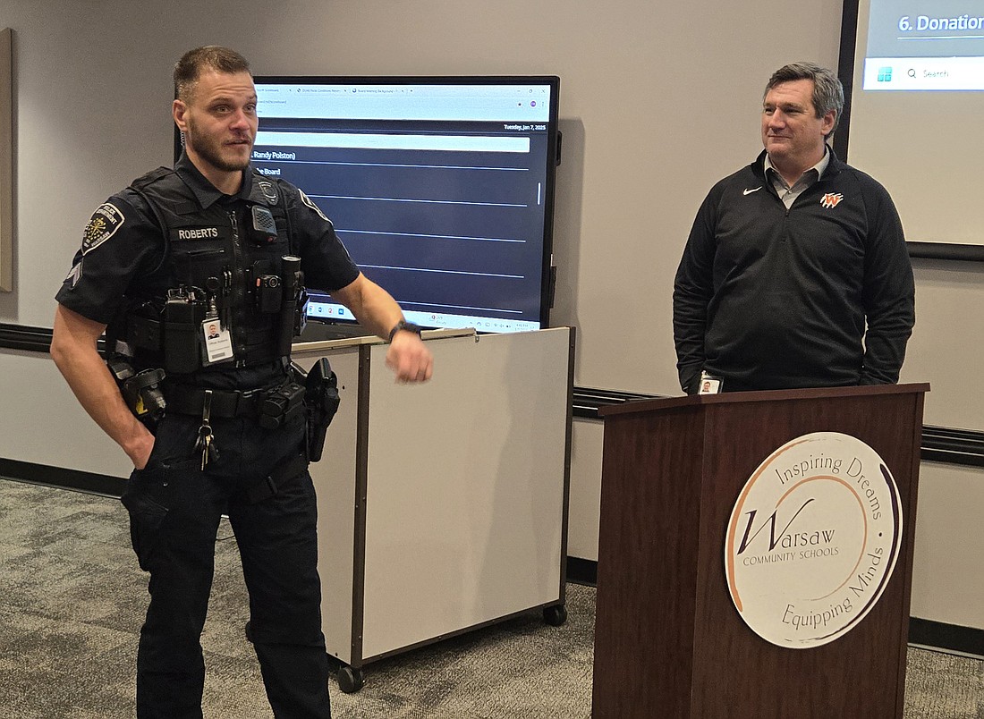 Pictured (L to R) are Jordan Roberts, school resource officer at Lakeview Middle School, and Tracy Horrell, assistant superintendent of secondary education at Warsaw Community Schools. Photo by Jackie Gorski, Times-Union