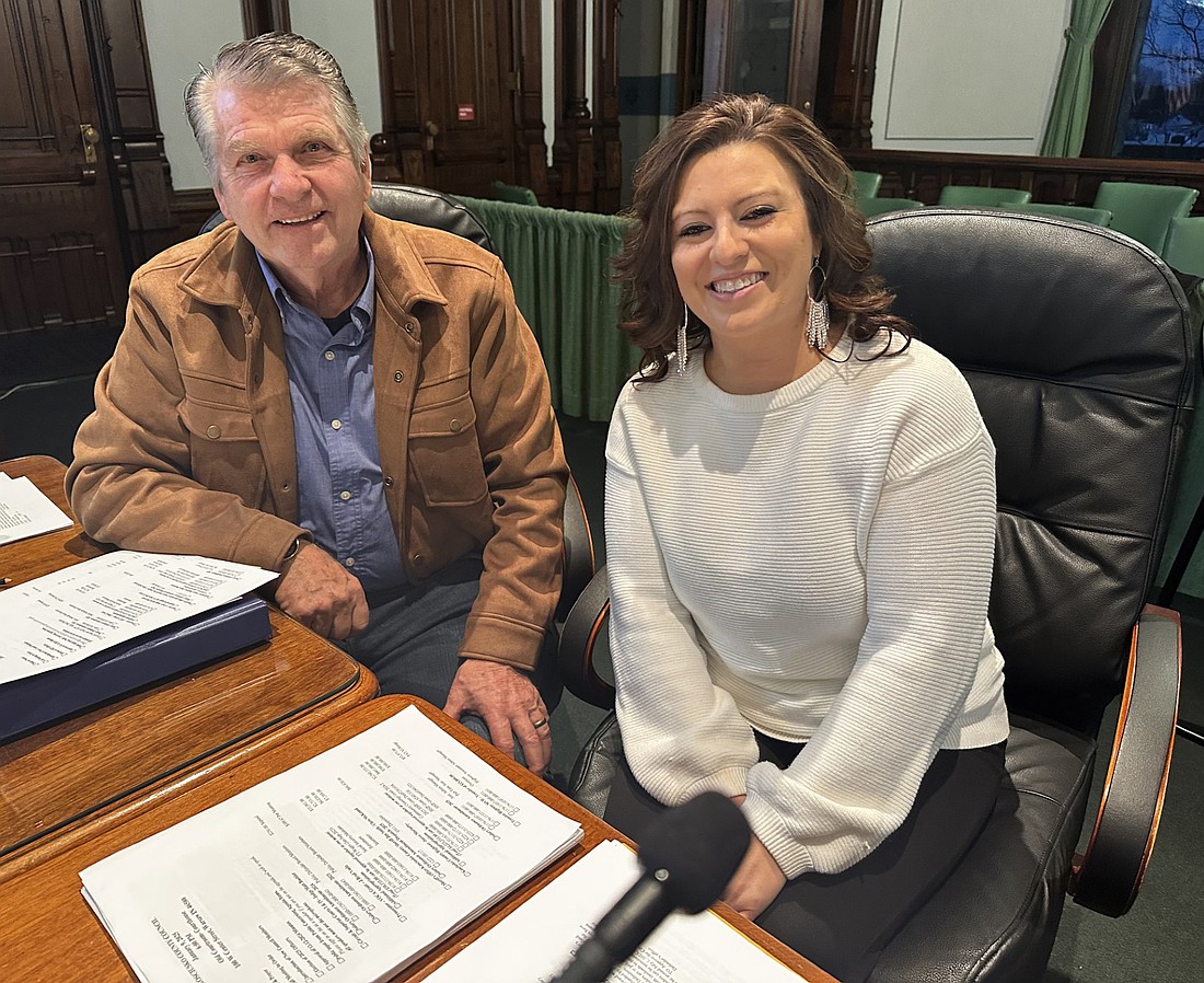 Thursday’s Kosciusko County Council meeting was the first official meeting for DeLynn Geiger (L) and Rachael Rhoades as members of the council. They were elected in November. Photo by David Slone, Times-Union