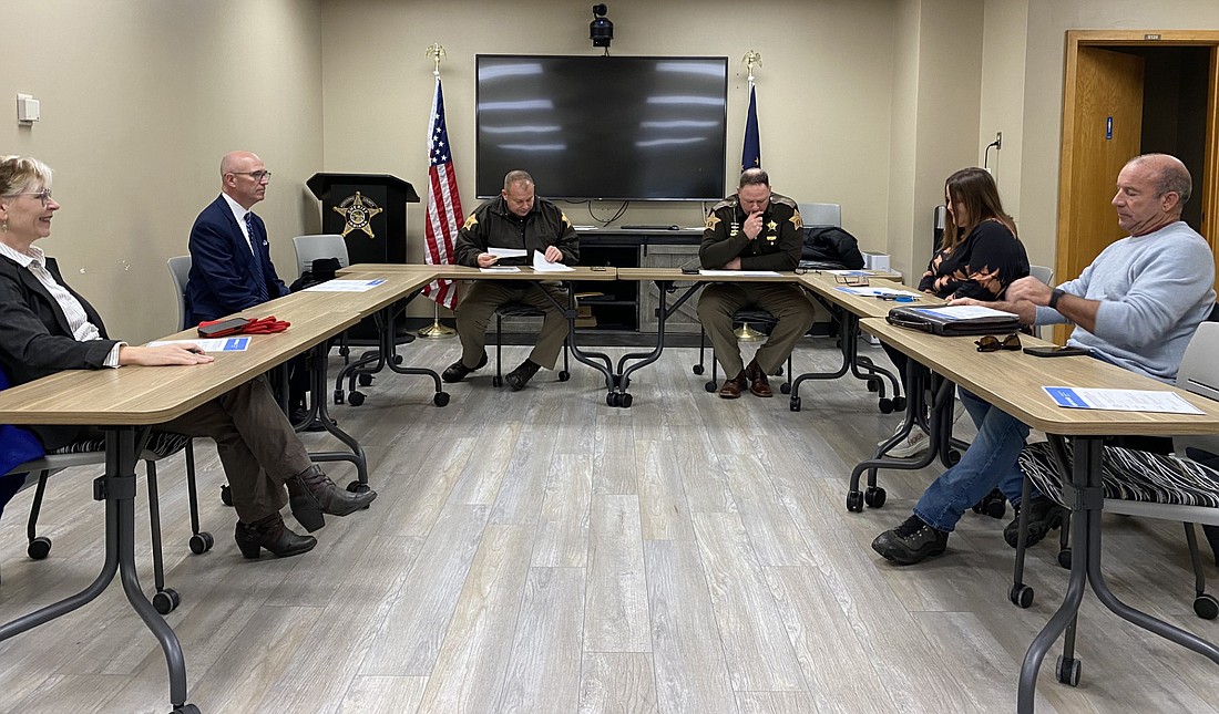 At the Kosciusko County Sheriff's Merit Board meeting on Thursday are (L to R) Board member Shari Benyousky, Board Secretary Alan Alderfer, Kosciusko County Sheriff's Office Chief Deputy Chris McKeand, Kosciusko County Sheriff Jim Smith, Board President Dana Leon and Board Member Matt Heiman. Photo by Leah Sander, InkFreeNews