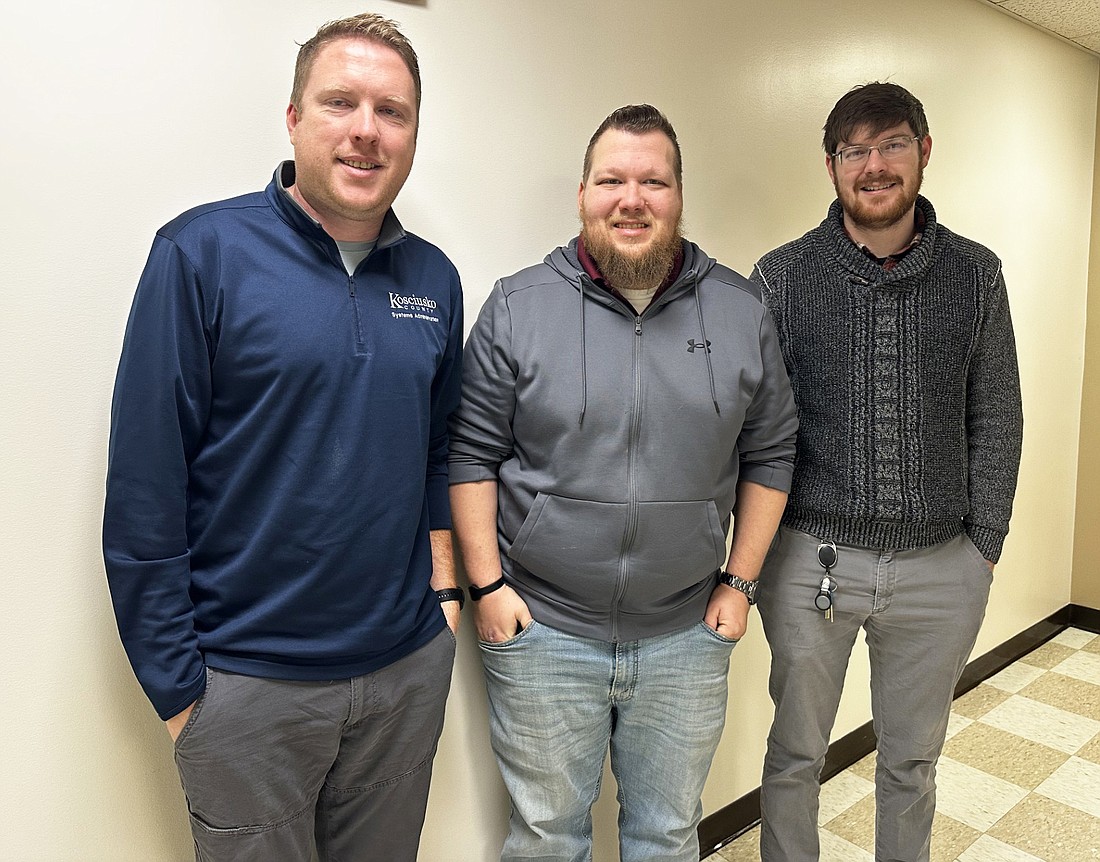 Kosciusko County Systems Administration includes (L to R) Director of Technology Eric Sorensen, Assistant Technology Director Scott Van Westen and Technology Assistant Garrit Winans. Photo by David Slone, Times-Union