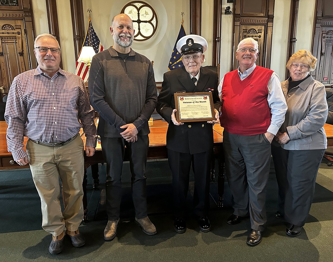 Albert Henry McClelland is the January Kosciusko County Veteran of the Month. Pictured (L to R) are County Veteran Service Officer Darryl McDowell, Middle District County Commissioner Cary Groninger, McClelland, Southern District County Commissioner Bob Conley and Northern District County Commissioner Sue Ann Mitchell. Photo by David Slone, Times-Union