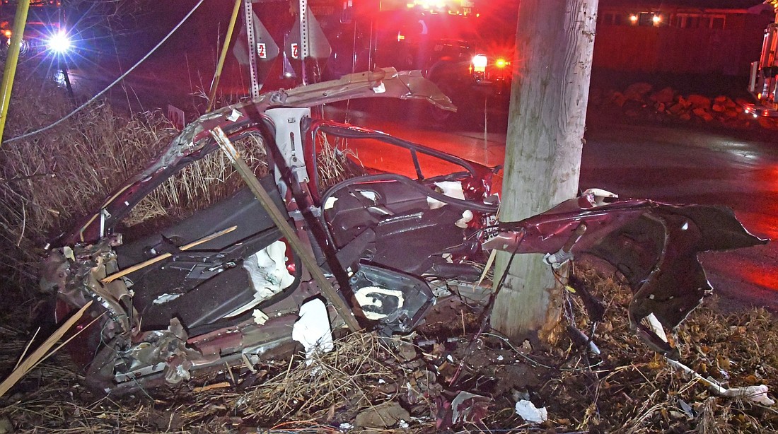 A single-vehicle accident overnight resulted in the vehicle clipping a telephone pole at the intersection of CR 500N and CR 700E before continuing into a field. Photo by Gary Nieter, Times-Union.