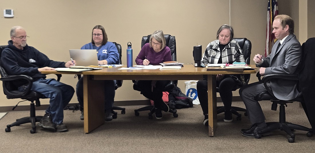 Pictured (L to R) are Mentone Town Councilman Tim Croy, Clerk-Treasurer Amanda Yaprak, Councilwomen Jill Gross and Shelly Krueger and town attorney Austin Rovenstine. Photo by Jackie Gorski, Times-Union