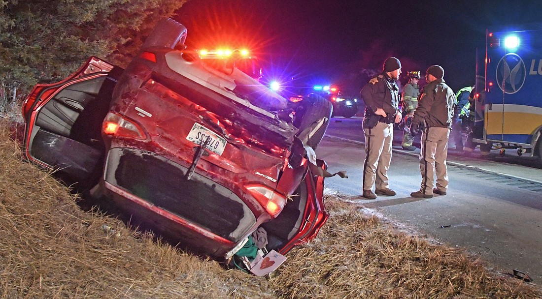 Kosciusko County Sheriff’s Office deputies investigate Monday morning's two-vehicle accident in the westbound lane of U.S. 30, east of Pierceton. Photo by Gary Nieter, Times-Union.