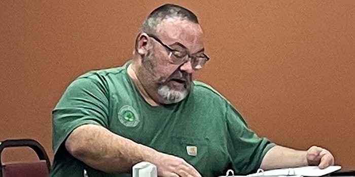 Kosciusko County Solid Waste Management District Executive Director Tom Ganser talks to his board about tire recycling Tuesday. Photo by Liz Adkins, InkFreeNews