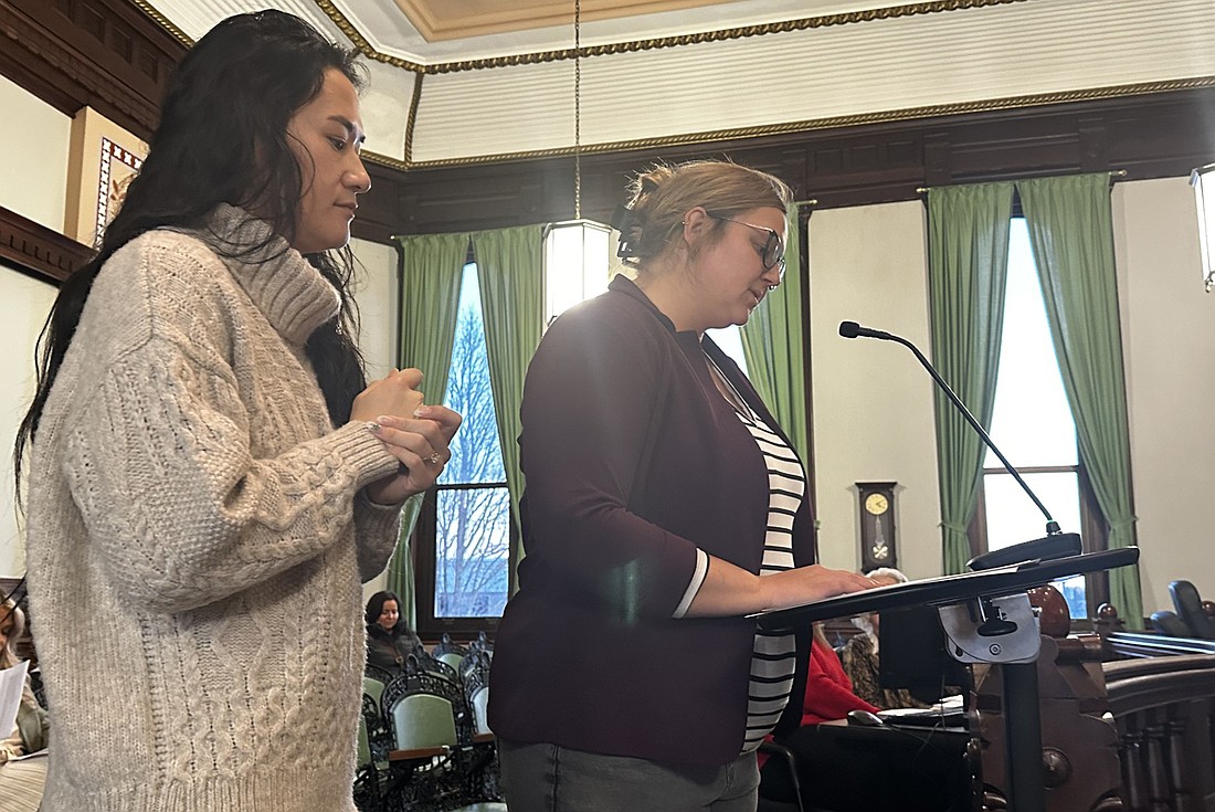 Mikie Stogsdill (L), president for We Lead Kosciusko, and Paige Troyer (R), vice president, speak to the Kosciusko County Council Thursday night about their organization and its goals. Photo by David Slone, Times-Union