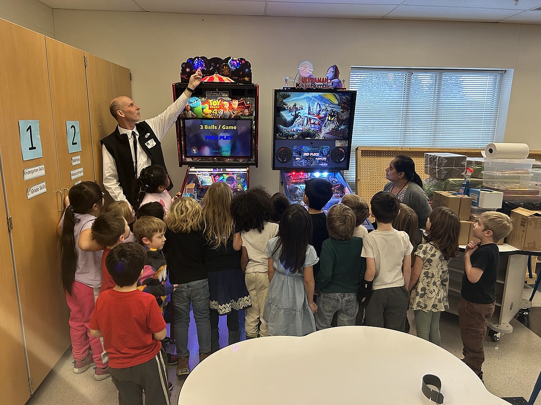 Jeff Murphy, a local pinball expert, provides Jefferson students with an in-depth look at the mechanics, physics and history of pinball. Photo Provided.