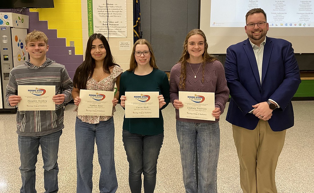 Four Tippecanoe Valley High School students were honored at the Tippecanoe Valley School Board’s regular meeting on Monday at Tippecanoe Valley Middle School as the Indiana Association of School Principals’ Rising Stars of Indiana Class of 2026. Schools leaders are invited to nominate up to four juniors each year for the distinction. Tippecanoe Valley High School Principal Brandon Kresca noted the four students “are at the top of their class, leaders in the community, involved in extracurriculars, just exceptional students at Tippecanoe Valley High School.” He also said, “They are an extremely talented group.” Pictured (L to R) are honorees Hayden Stookey, Sophia Ruiz, Cassie Rich and Lindsay Petersen; and TVHS Principal Brandon Kresca. Photo by Leah Sander, InkFreeNews