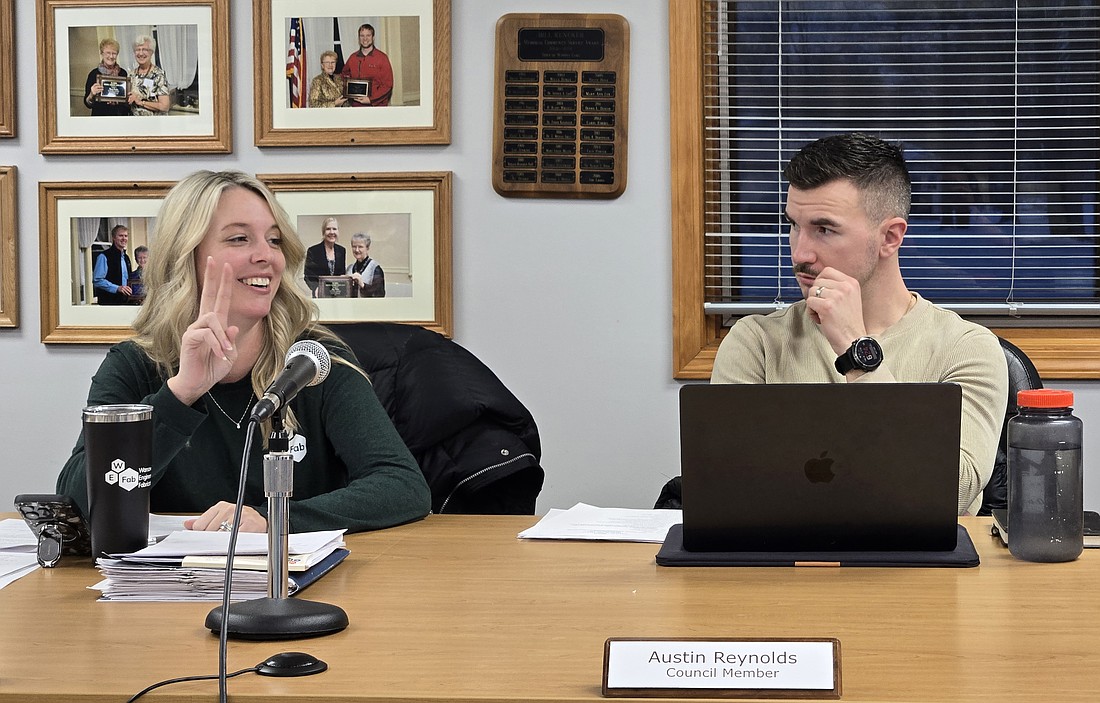 Pictured (L to R) are Winona Lake Town Council President Ashley McGinnis and Council Vice President Austin Reynolds. Photo by Jackie Gorski, Times-Union