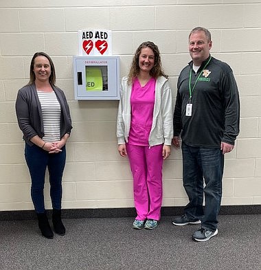 Pictured (L to R) are Elizabeth McCullough, Health First Kosciusko assistant; Alexis Drudge, nurse at Tippecanoe Valley Middle School; and Kyle Wieland, principal at Tippecanoe Valley Middle School. Photo Provided