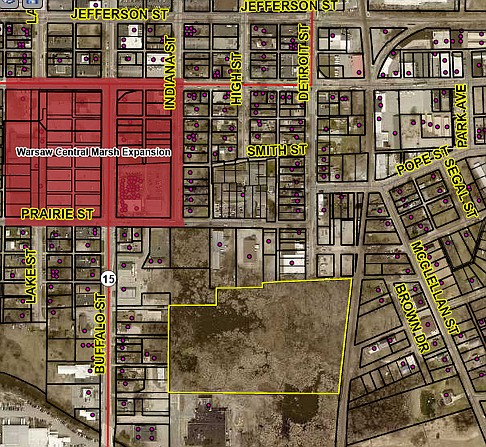 The 10.75 acres highlighted in yellow was donated to the city of Warsaw. The Board of Public Works and Safety on Friday accepted the donation. Map from Beacon