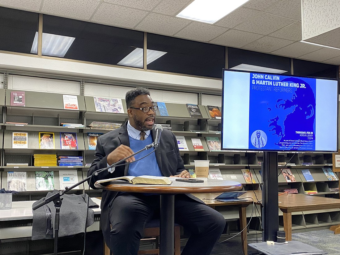 The Rev. Tim Robinson spoke on similarities between John Calvin and Dr. Martin Luther King Jr. at a special Black History Month event on Thursday in Grace College’s Morgan Library. Photo by Leah Sander, InkFreeNews