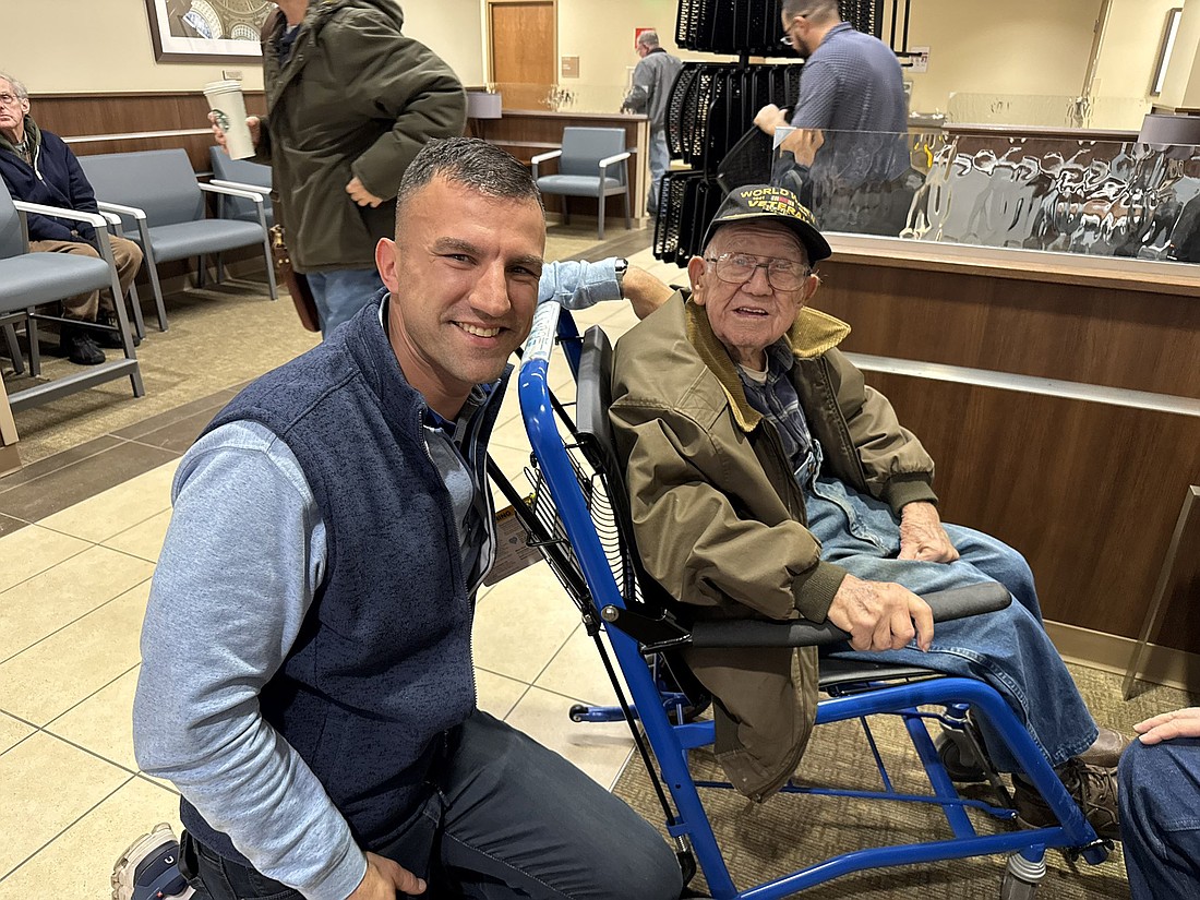 Second District Congressman Rudy Yakym meets with a World War II veteran at the Jackie Walorski VA clinic in Mishawaka. Photo Provided.