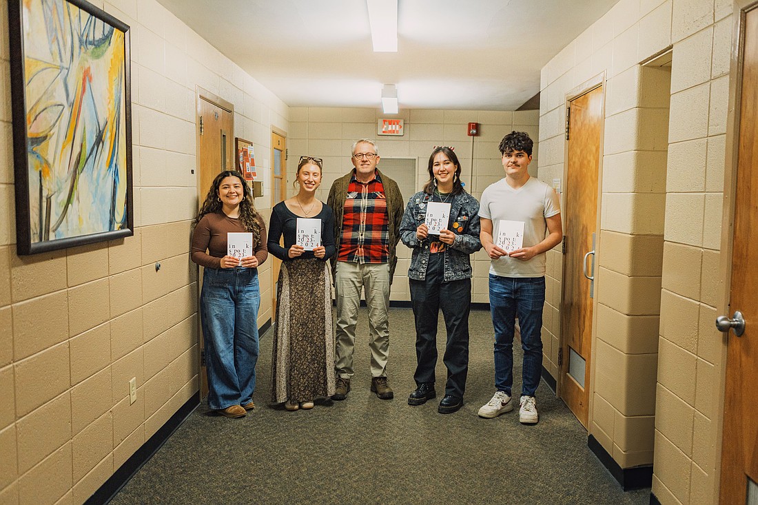 Pictured (L to R) is The Inkspot editing team: Maria Ignas, Bella Deaton, Dr. John Poch, Odessa Hanlon and Kadon Arbogast. Photo Provided.