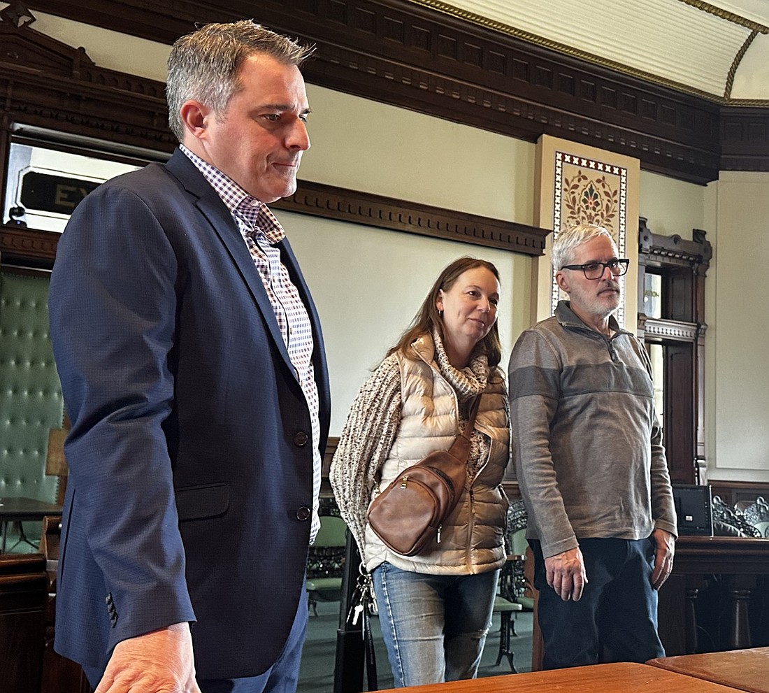 Amanda (C) and Jonathon (R) Scroggs appear before the Kosciusko County Alcohol Tobacco Commission Thursday with their attorney, Clark Kirkman (L), for new alcohol licenses for The Barn 1880: Historic Venue, 2076 N. CR 100E, Warsaw. Photo by David Slone, Times-Union
Amanda (C) and Jonathon (R) Scroggs appear before the Kosciusko County Alcohol Tobacco Commission Thursday with their attorney, Clark Kirkman (L), for new alcohol licenses for The Barn 1880: Historic Venue, 2076 N. CR 100E, Warsaw.