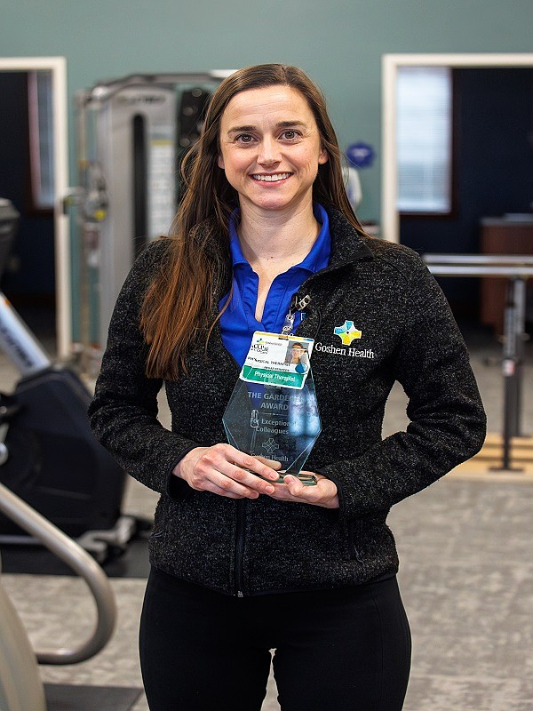 Allison Miller, DPT, CAFS is pictured with Goshen Health's Gardener Award.
Photo Provided