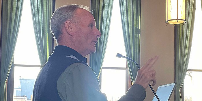 Terry Sweeney, Main Street Warsaw downtown development director, addresses the Kosciusko County Convention, Recreation and Visitors Commission on Wednesday. Photo by Liz Adkins, InkFreeNews