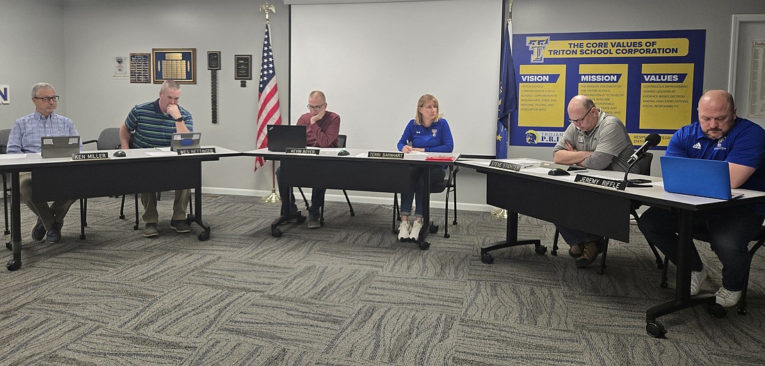 Pictured (L to R) are Triton School Board members Ken Miller, Wes Rettinger, Kevin Boyer, Terri  Barnhart and Steve Stichter and Superintendent Jeremy Riffle. Photo by Jackie Gorski, Times-Union