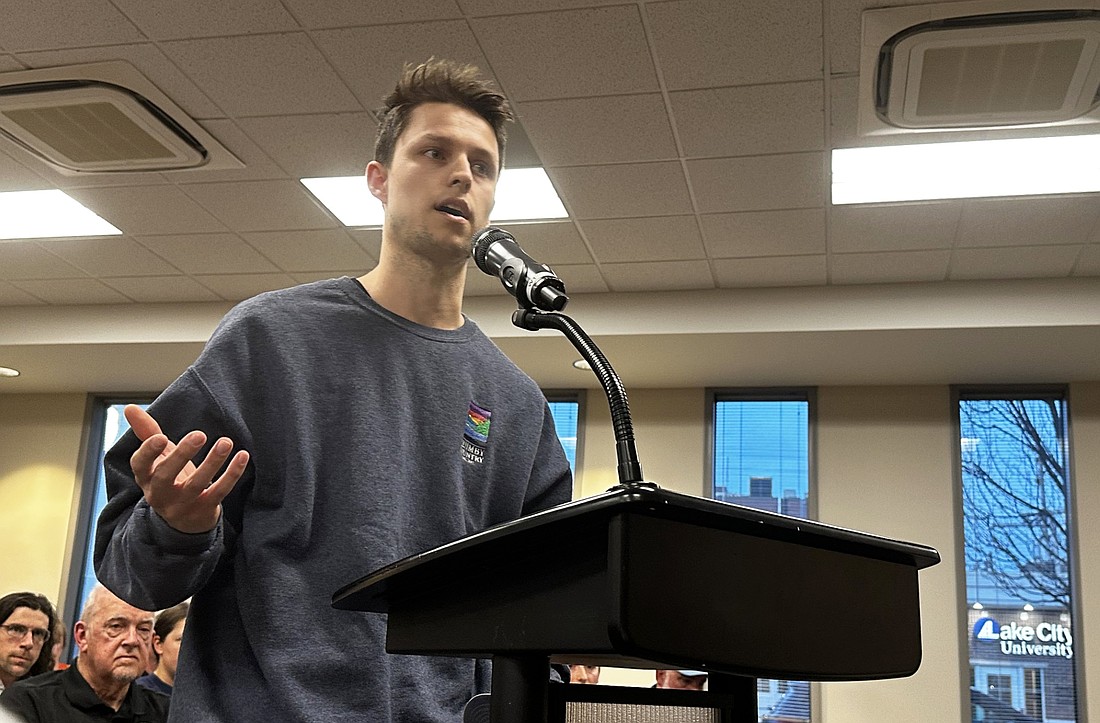 Samuel Lord, 23, who moved from Pittsburgh to Winona Lake in June, tells the Warsaw Common Council Tuesday why they should approve for the city to apply for a Safe Streets for All grant. Photo by David Slone, Times-Union