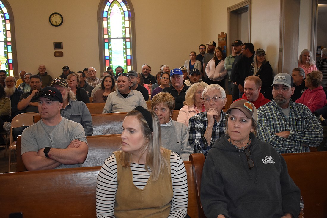 A meeting Tuesday at Clunette Methodist Church to hear public comment on rezoning agricultural land and data center construction in Kosciusko County was standing-room only. Photo by Lilli Dwyer, InkFreeNews