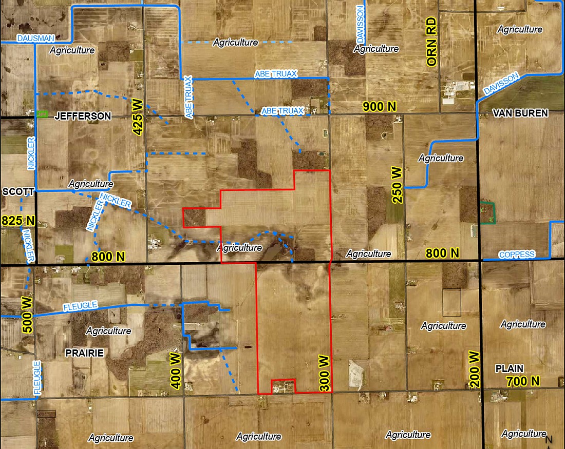 A petition to rezone 554 acres (highlighted in red) from agriculture to Industrial-3 will go before the Kosciusko County Area Plan Commission at 1 p.m. April 2. Map Provided By Beacon