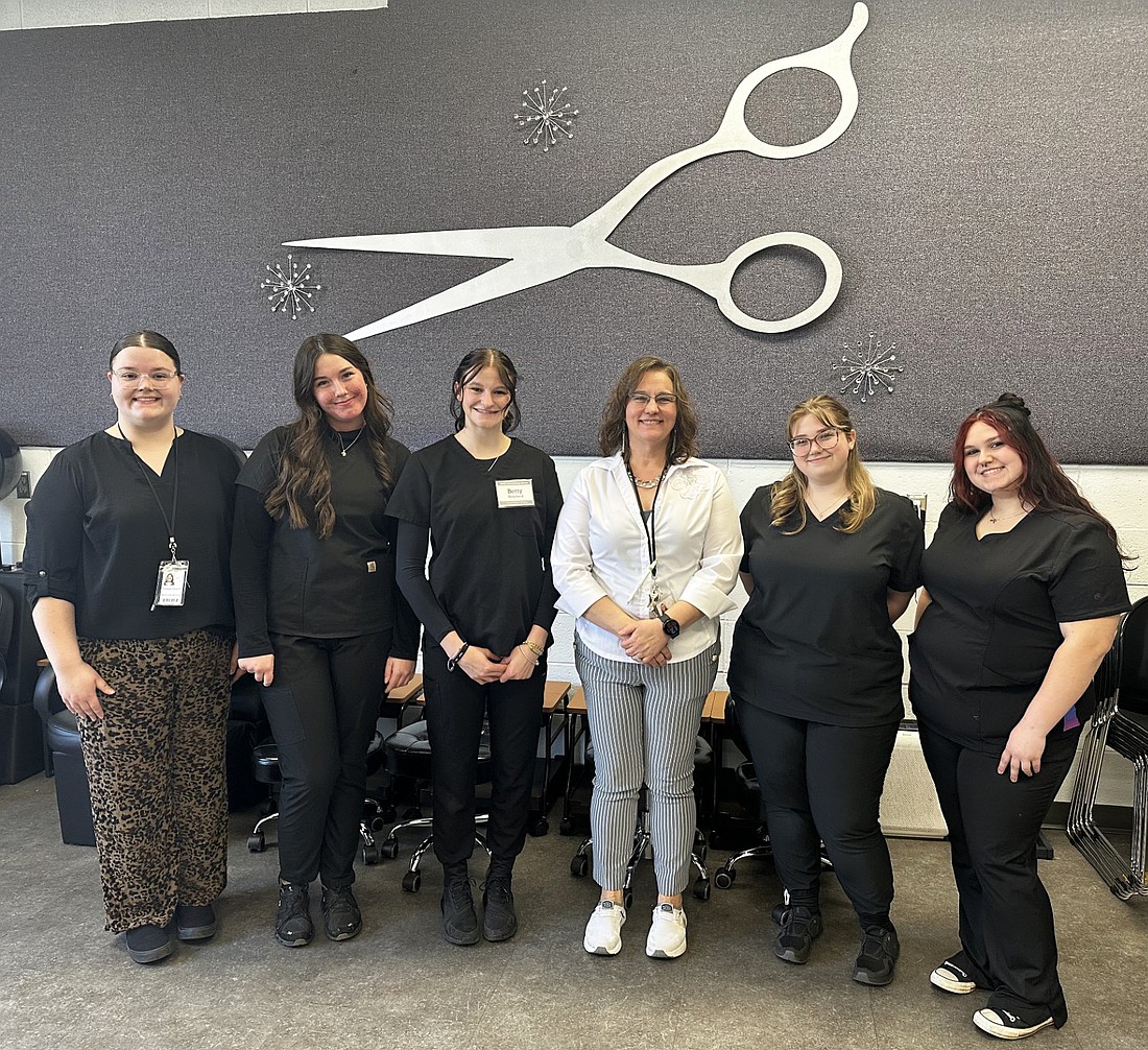 Four Warsaw Area Career Center students recently competed at the Great Clips Competition at the Michiana Beauty College in Mishawaka, and all four placed within the top five. Pictured (L to R) are Kayleigh Stinson, Warsaw Area Career Center cosmetology school/beauty salon assistant; senior Hazel Wood, second; junior Betty Shepherd, fourth; Tina Streby, WACC cosmetology teacher; senior Claire Waddle, first; and senior Taryn Haines, fifth. Photo by David Slone, Times-Union