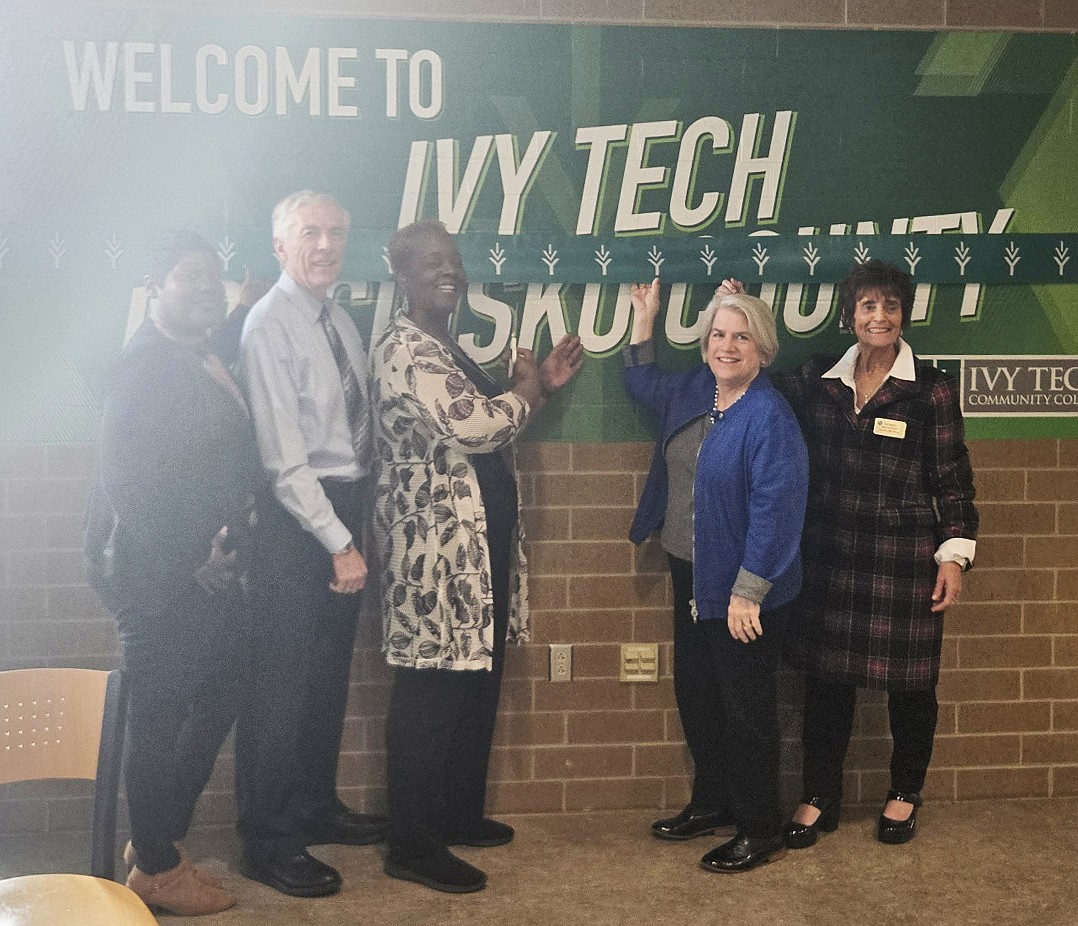 Pictured (L to R) Stephanie Martin, Ivy Tech Fort Wayne and Warsaw Board of Trustees member; Phil Metcalf, board member; Dr. Kim Barnett-Johnson, chancellor; Meg Distler, board chair; and Mary Martin, regional director with Gov. Mike Braun’s office. Photo by Jackie Gorski, Times-Union