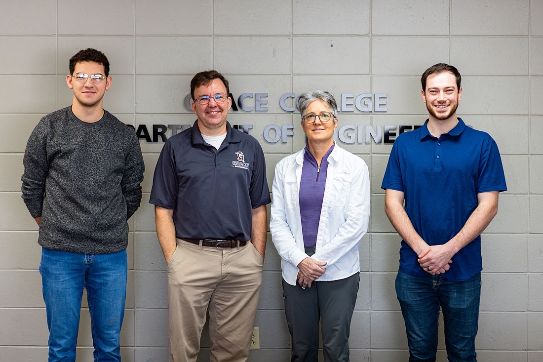 (L to R) Dametrius Hall, Dr. Fred Wentorf, Marcia Hart and Andrew Daeger meet at East Hall, the home of Grace College Engineering. Photo Provided.