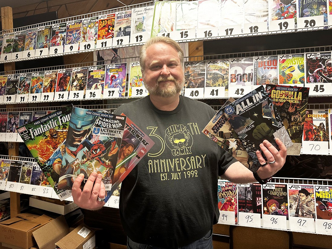 Free Comic Book Day is at Chimp’s Comix & Video Games, 919 E. Winona Ave., Warsaw, from 10 a.m. to 6 p.m. Saturday, May 3. Chimp’s owner Nick Kelley displays some of the free comics that will be available. Photo by David Slone, Times-Union