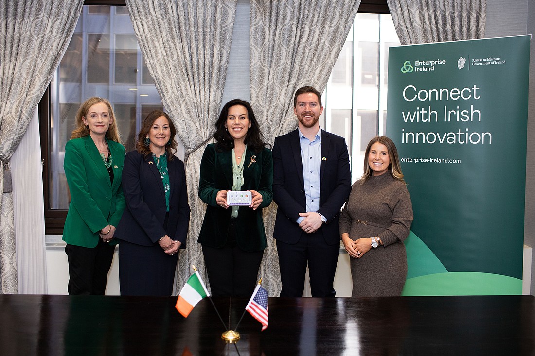 Irish Minister for Health Jennifer Carroll MacNeill TD (C) displays the pocket-sized NeuroBell neonatal EEG monitor during a meeting with (L to R) Marina Donohoe, divisional manager – research and innovation, Enterprise Ireland; Ethel Massing, Parkview Health; Mark O'Sullivan, NeuroBell; and Jennie Lynch, senior vice president, LifeSciences for Enterprise Ireland.
Photo Provided