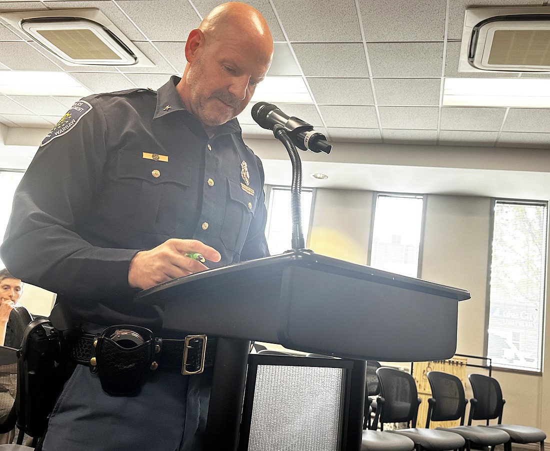 Warsaw Police Department Chief Scott Whitaker presents the 2024 annual traffic report to the Board of Public Works and Safety on Friday. The same report will be presented to the Traffic Commission at their meeting Wednesday. Photo by David Slone, Times-Union