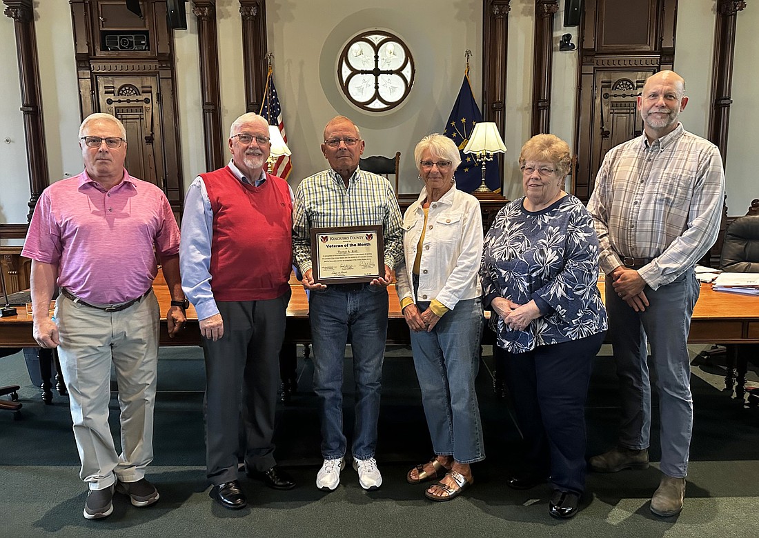 Tom Roth is the May 2025 Kosciusko County Veteran of the Month. Pictured (L to R) are Kosciusko County Veteran Service Officer Darryl McDowell, County Commissioner Bob Conley, Tom and Janet Roth, and County Commissioners Sue Ann Mitchell and Cary Groninger. Photo by David Slone, Times-Union