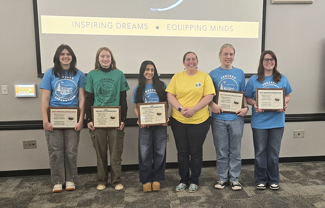 Pictured (L to R) are Envirothon team members Jocelyn Baldridge, Sydney Clark, Titiksha Gorhe; teacher Emily Gough; and team members Griffin Roe and Natalie Boley. Photo by Jackie Gorski, Times-Union