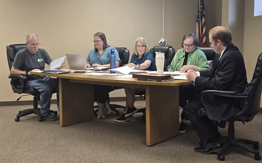 Pictured are Mentone Town Councilman Tim Croy, Clerk-Treasurer Amanda Yaprak, Councilwomen Jill Gross and Shelly Krueger and town attorney Austin Rovenstine. Photo by Jackie Gorski, Times-Union