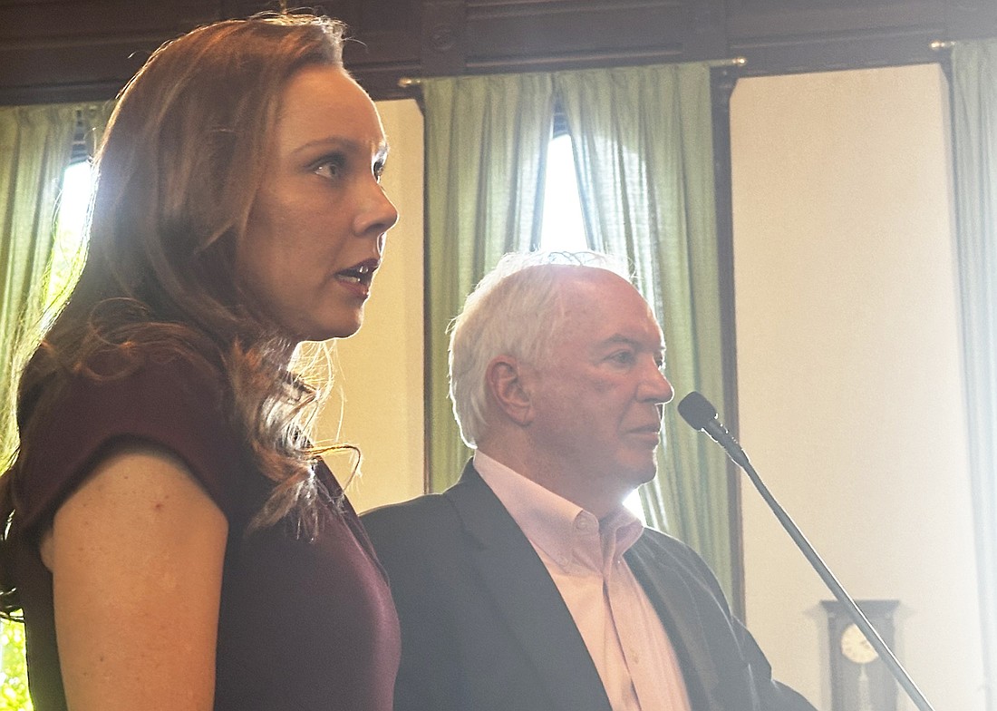 Melanie Reilly (L), head of Slate Automotive’s tax department, and attorney Steve Snyder (R) answer questions from the Kosciusko County Council Thursday about Slate’s tax abatement request. Photo by David Slone, Times-Union
