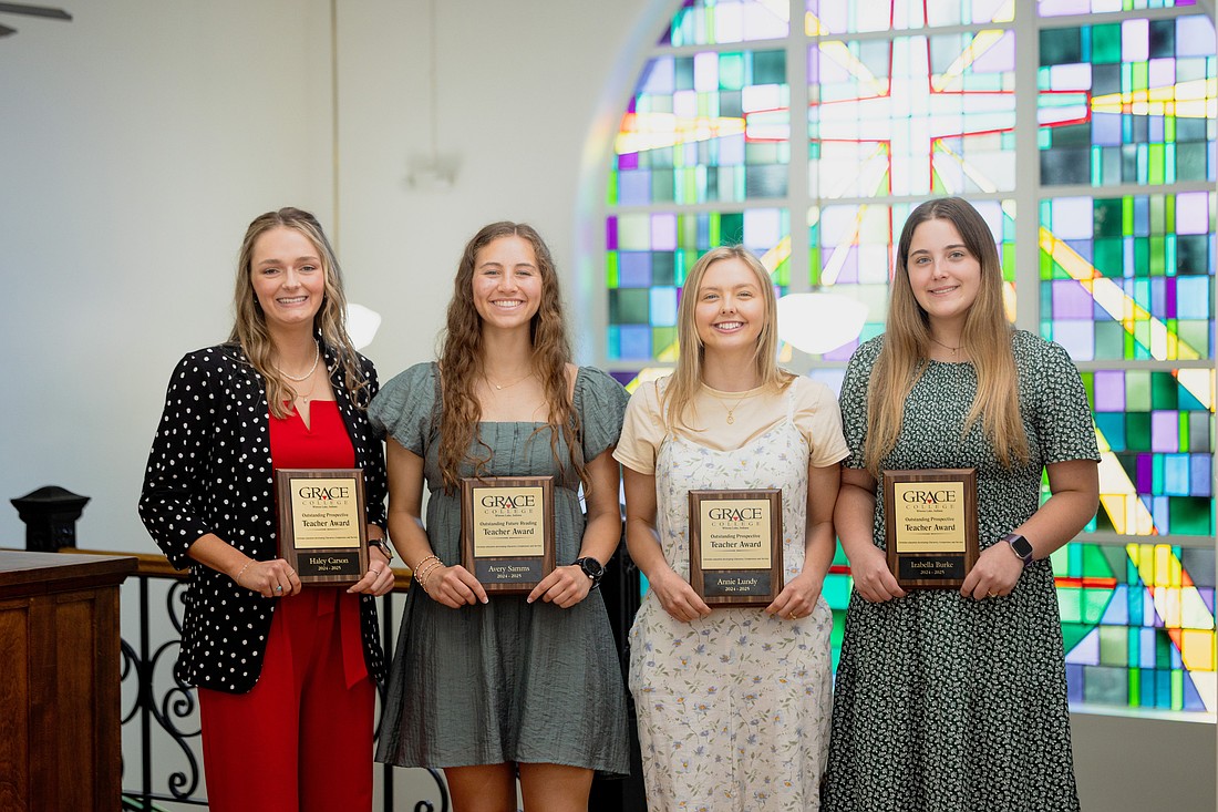 Four seniors from Grace College were recently honored for excellence in student teaching (L to R): Haley Carson, Avery Samms, Annie Lundy and Izabella Burke. Photo Provided