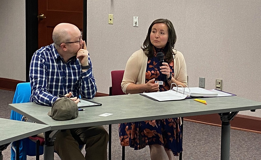 At the Warsaw Community Public Library Board of Trustees meeting on Monday are Board President Chris Merrill (L) and Library Director Heather Barron. Photo by Leah Sander, InkFreeNews