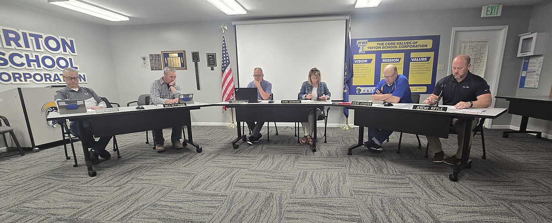 Pictured (L to R) are Triton School Board members Ken Miller, Wes Rettinger, Kevin Boyer, Terri Barnhart and Steve Stitcher and Superintendent Jeremy Riffle. Photo by Jackie Gorski, Times-Union